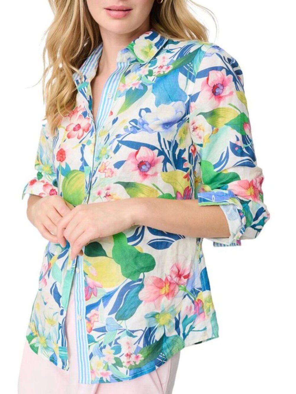 J. McLaughlin Linen-Blend Lois Vibrant Tropical Print Button Up Blouse